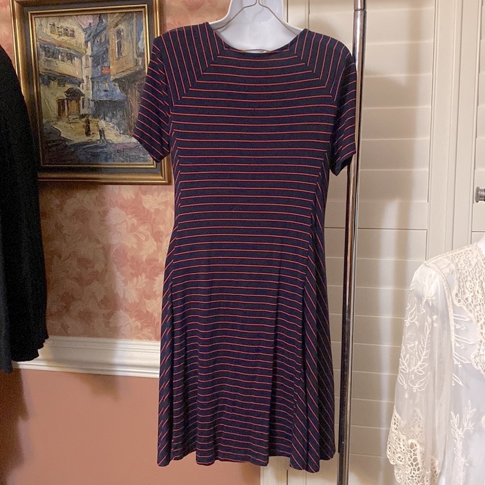 LUSH Swing Stretch Dress, Navy w Red Stripe, Medium